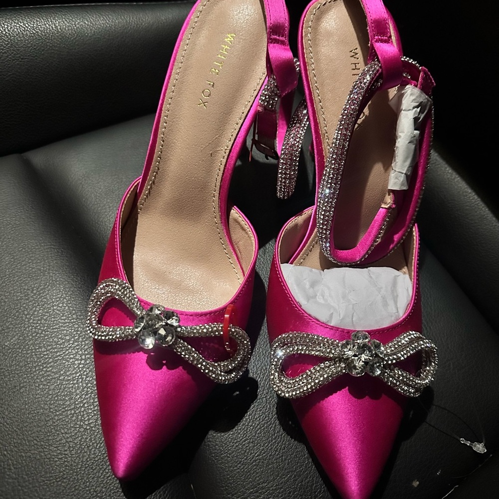 White Fox Boutique Fuchsia Satin Heels with Crystal Bow
